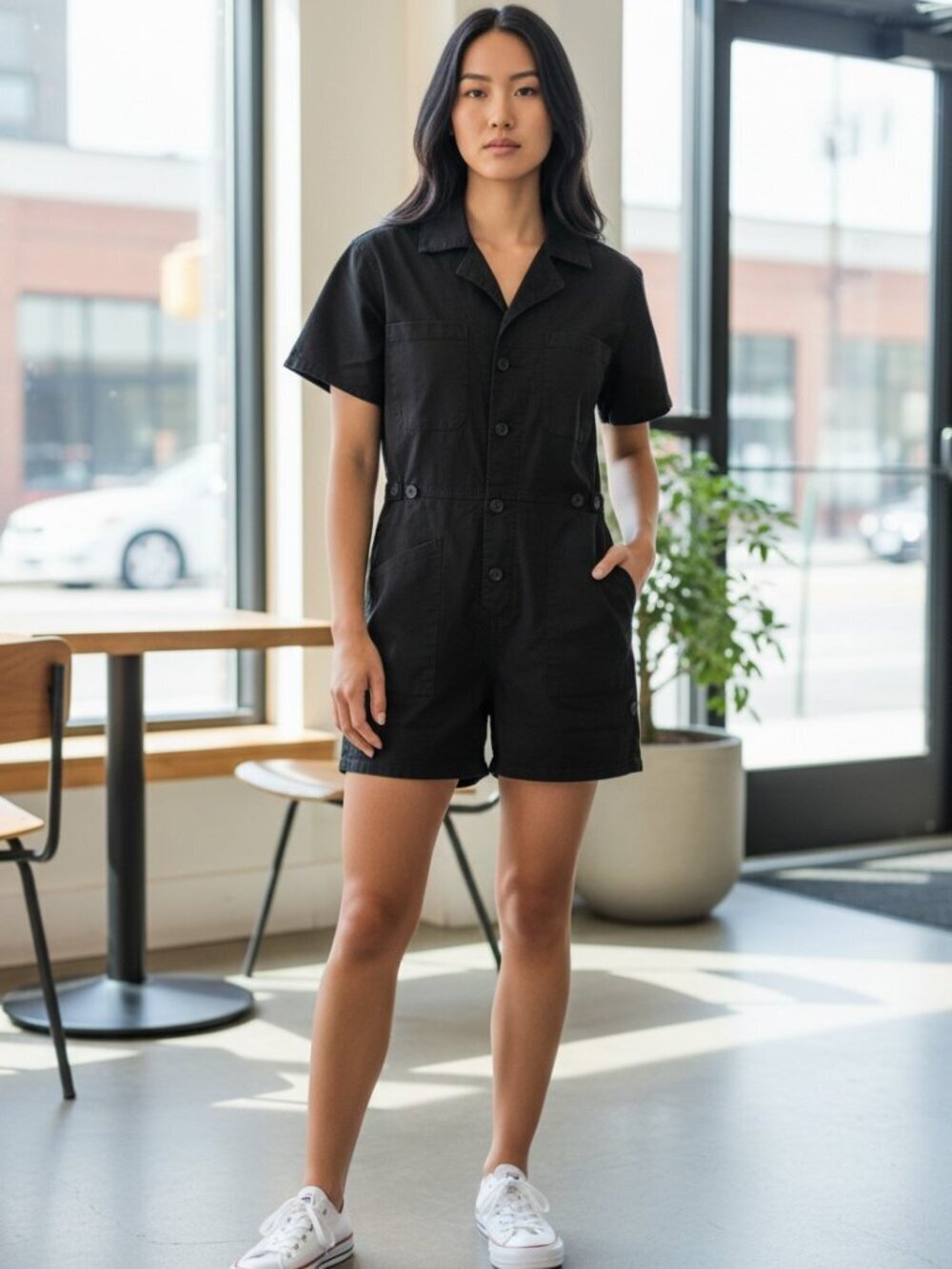 Pistola Romper Womens XS Cotton Collared Short Sleeve Buttoned Black
